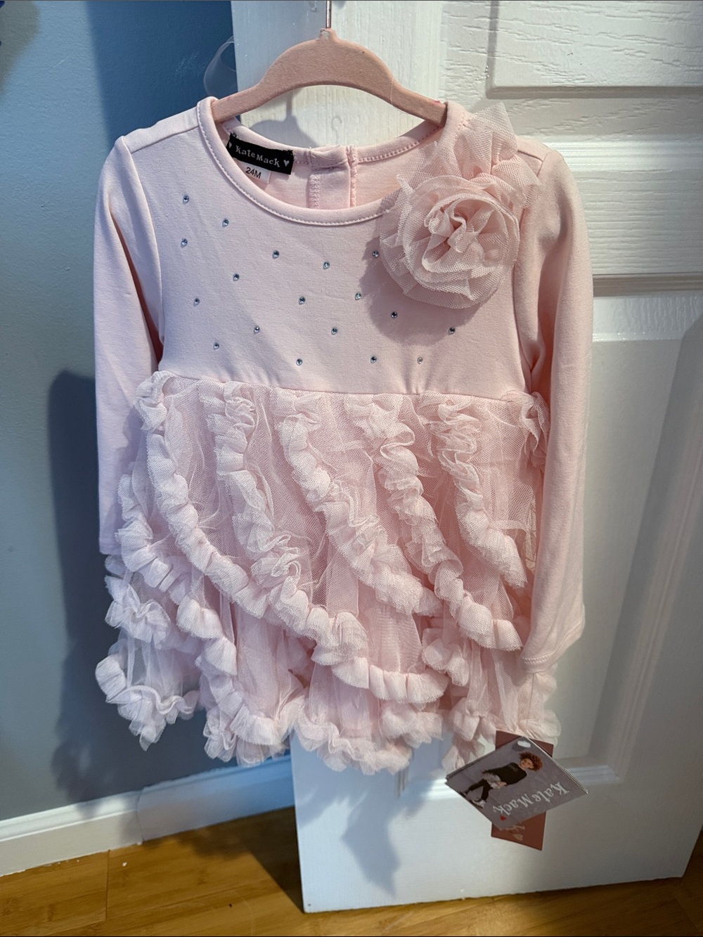 Kate Mack Light Pink Ruffle Tulle Dressy Top with Flower Accent